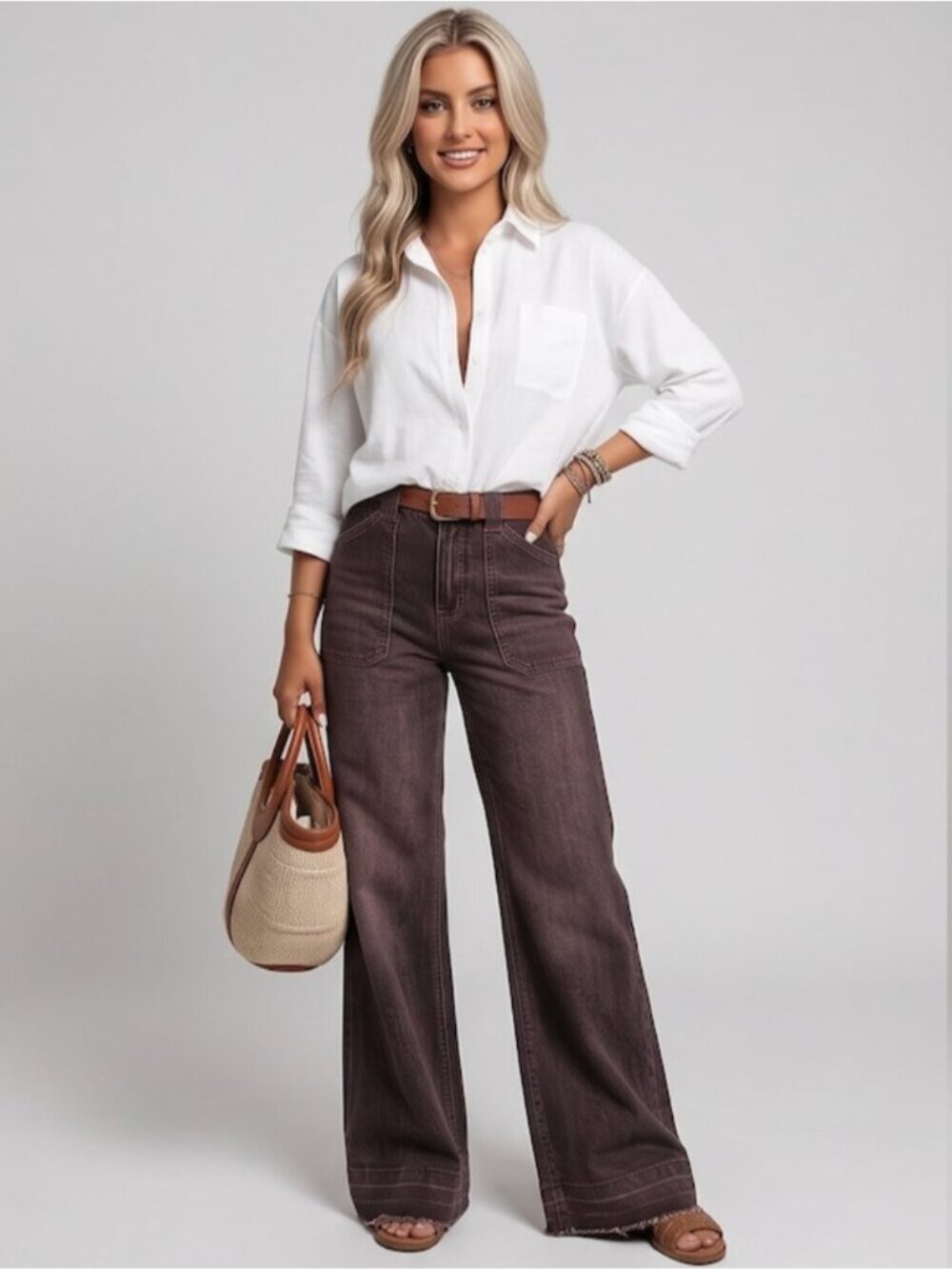 Brown High-Waisted Front Patch Pocket Denim Wide Leg Jeans